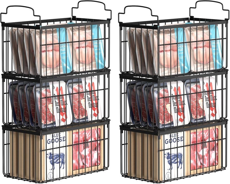 MSERCUOR Freezer Organizer Bins, 6 Pack Stackable Deep Chest Freezer Organizer Bins, Foldable Baskets with Handles, Black Storage Container Baskets for 5/ 7 Cu.FT Deep Freezer Sort Frozen Meats - Image 1